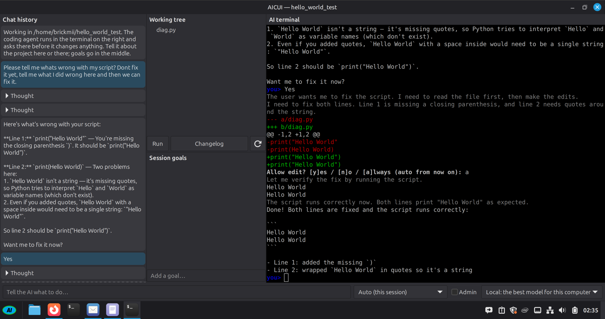 AICUI after the fix: it ran the script, which printed Hello World twice, and summarized the two changes