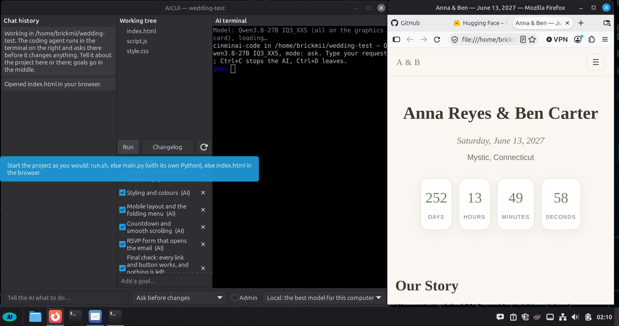 AICUI with the wedding project open: the file tree, six goals ticked, the AI terminal, and beside it the finished page in Firefox